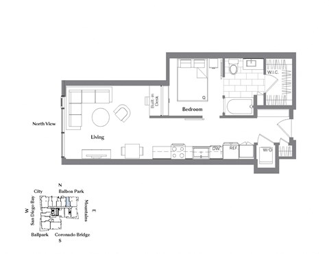 Floor plan for 1 bed, 1 bath, 633 sqft